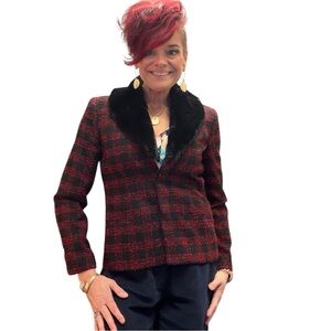 Liz Claiborne Tweed Plaid Red Black Chic Blazer Fur Collar Jacket